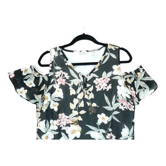 NWOT Isaac Mizrahi Live Black Floral Design Cold Shoulder Lined Blouse Size 10 - Picture 4 of 5